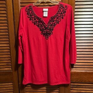 Jaclyn Smith Red Top with Black  Embroidery